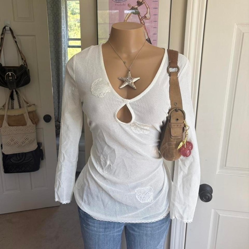 y2k 2000s white mesh long sleeve cut out top sheer fitted